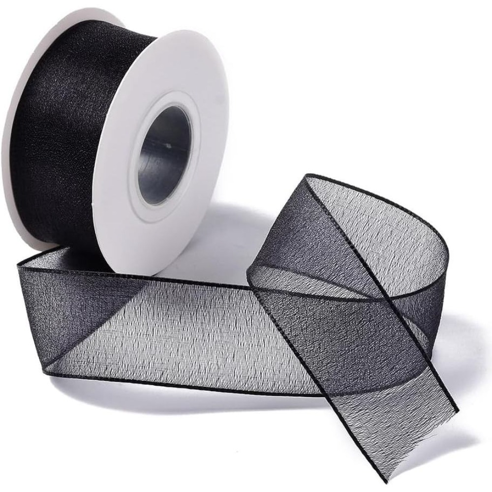 1インチ ブラックオーガンザリボン ワイヤー入りシースルーメ - Organza Ribbon Spool のレビューと価格